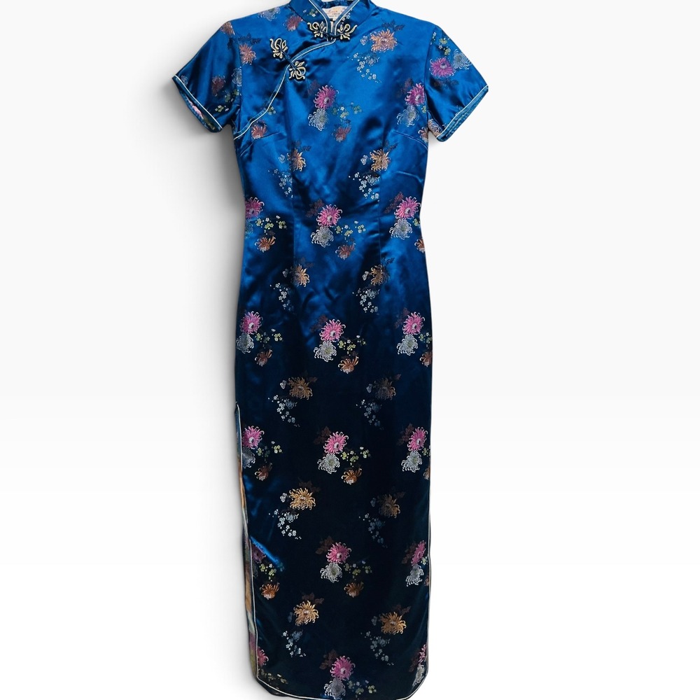 Golden Bee Vintage 70s Chinese Qipao Cheongsam Blue Brocade Dress US XS 34